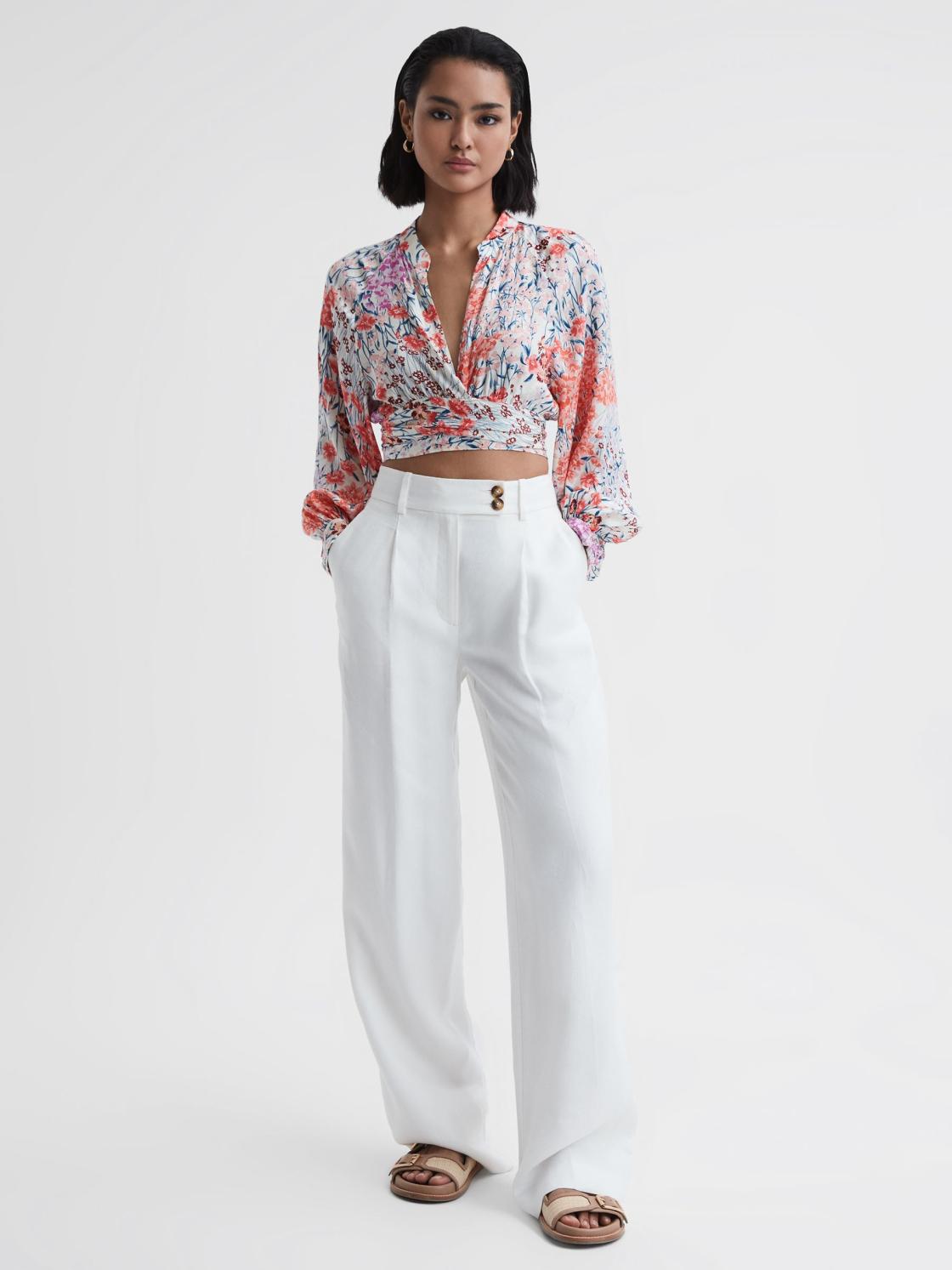 Reiss Tops | Elle Floral Print Tie Front Cropped Blouse Coral/white - Women
