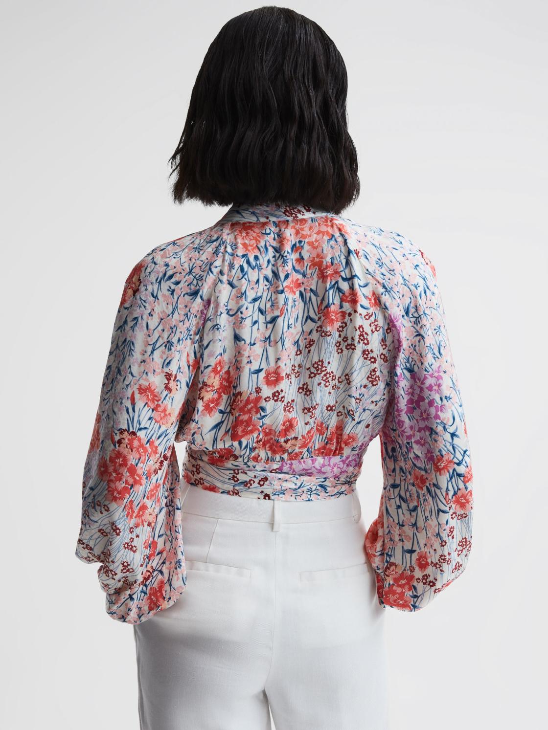 Reiss Tops | Elle Floral Print Tie Front Cropped Blouse Coral/white - Women