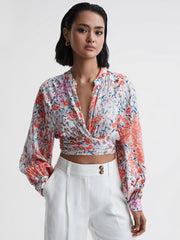 Reiss Tops | Elle Floral Print Tie Front Cropped Blouse Coral/white - Women
