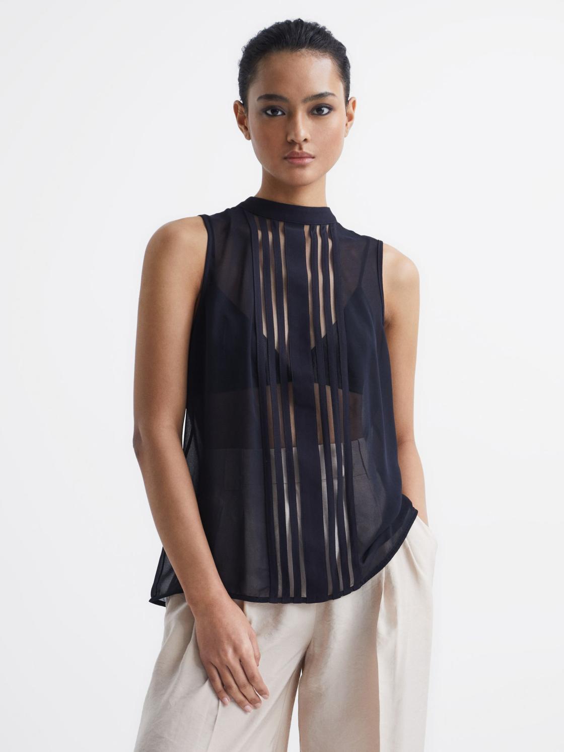 Reiss Tops | Emery Sheer Striped Sleeveless Blouse Navy - Women