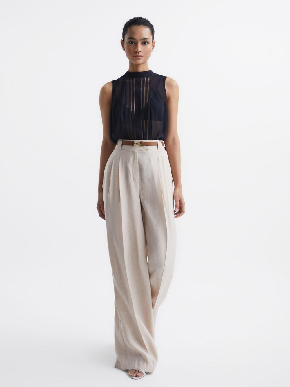 Reiss Tops | Emery Sheer Striped Sleeveless Blouse Navy - Women