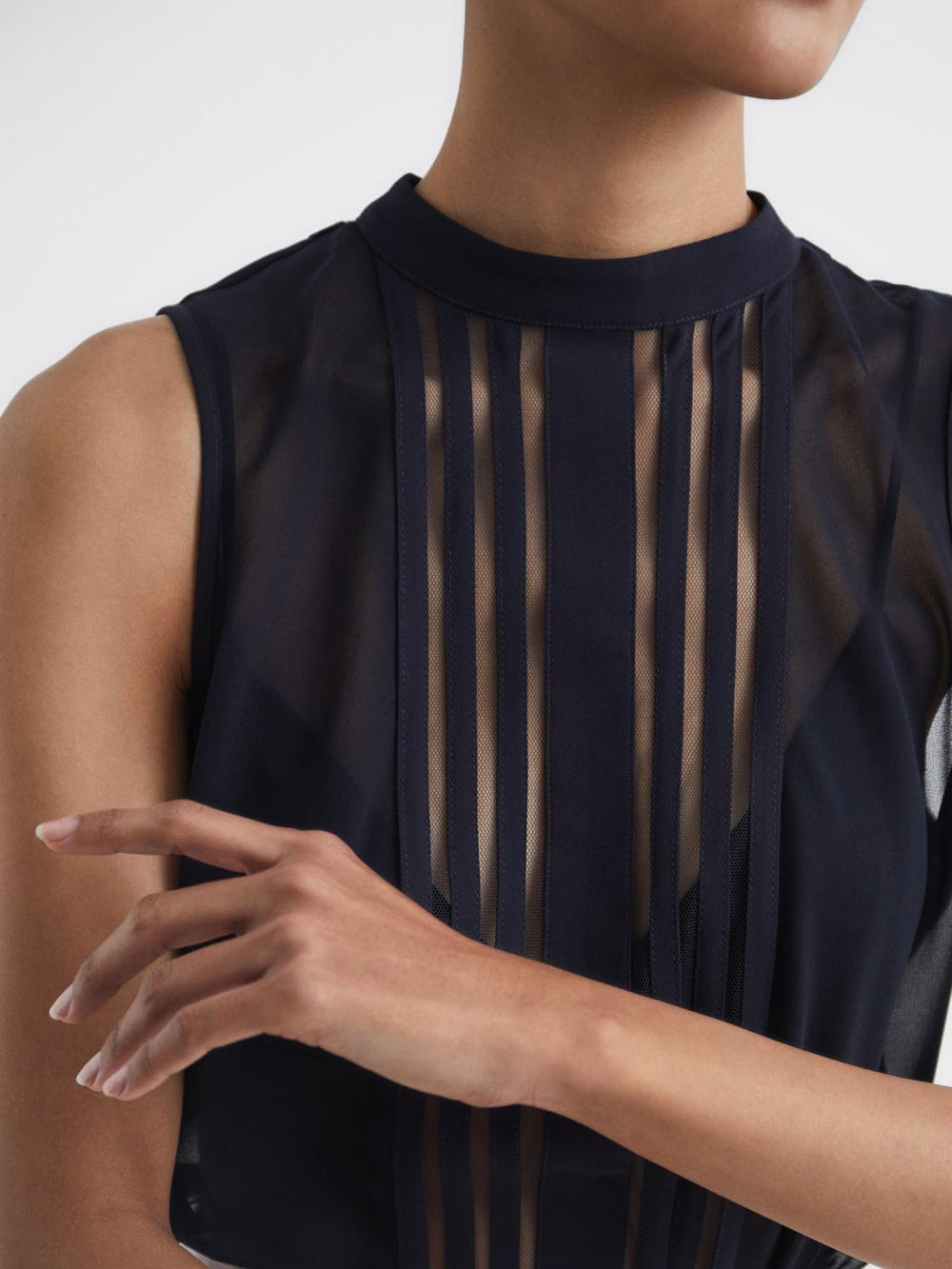 Reiss Tops | Emery Sheer Striped Sleeveless Blouse Navy - Women