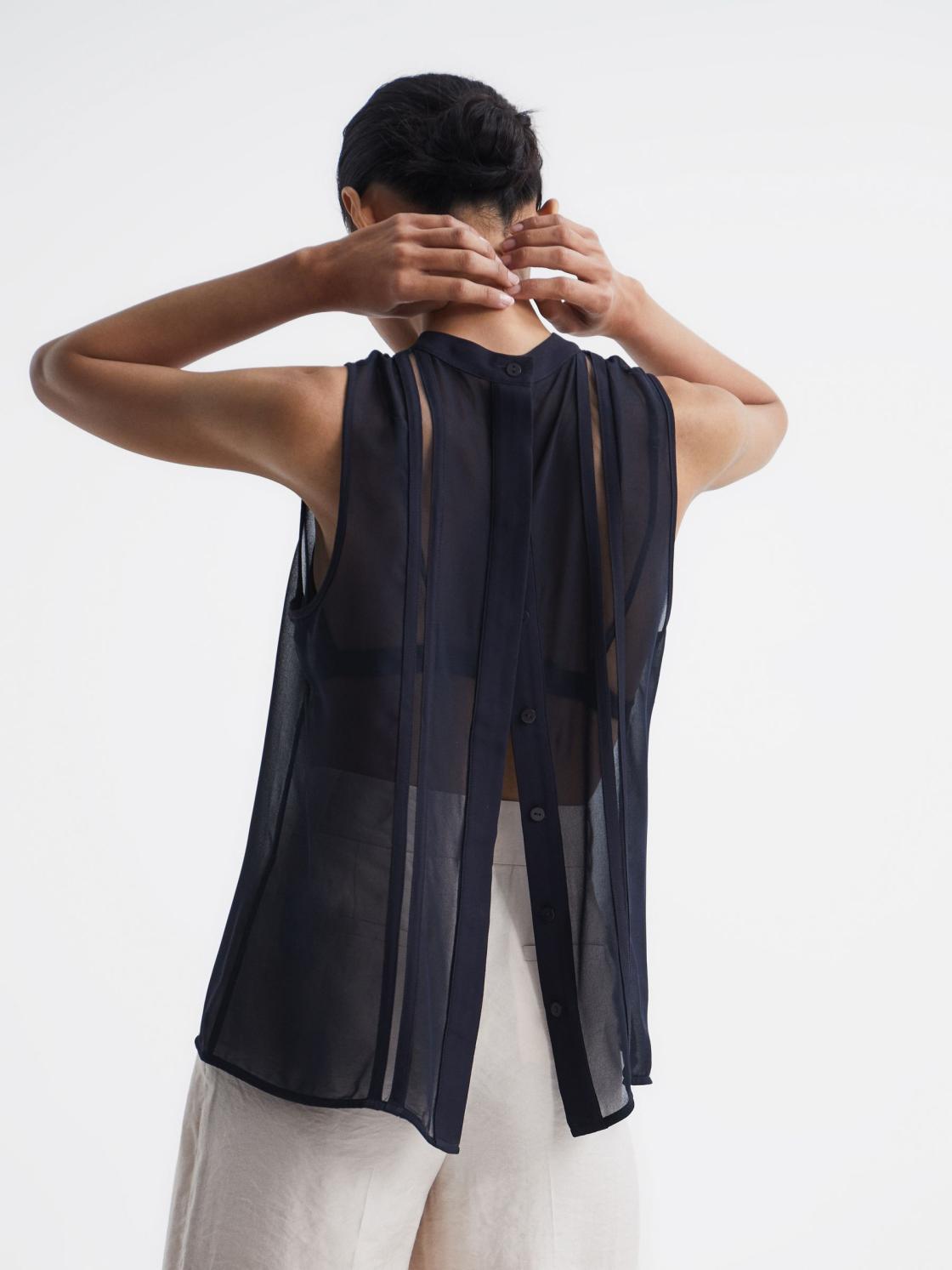 Reiss Tops | Emery Sheer Striped Sleeveless Blouse Navy - Women