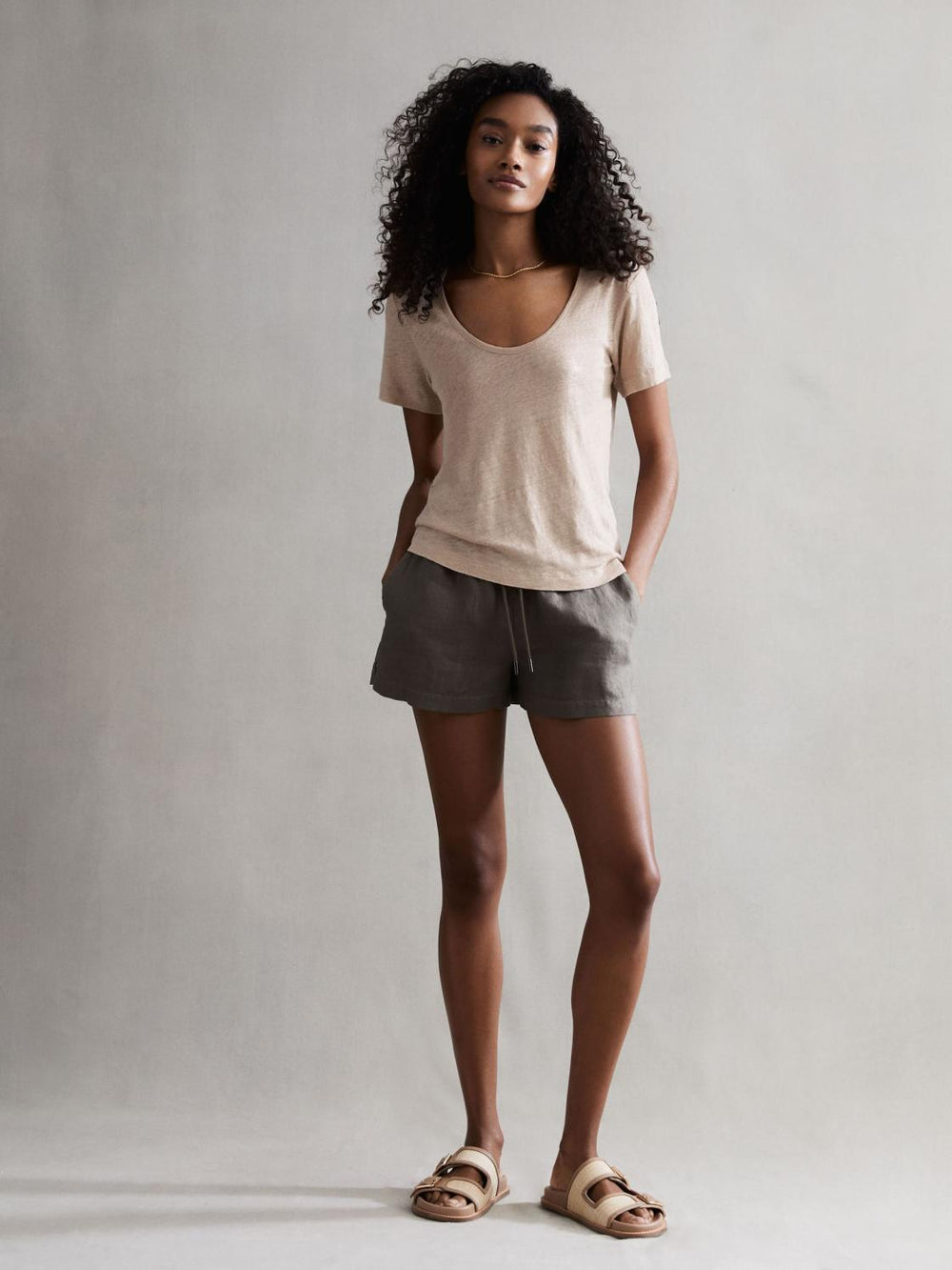 Reiss Tops | Frances Linen Scoop Neck T-Shirt Camel - Women