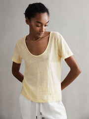 Reiss Tops | Frances Linen Scoop Neck T-Shirt Lemon - Women