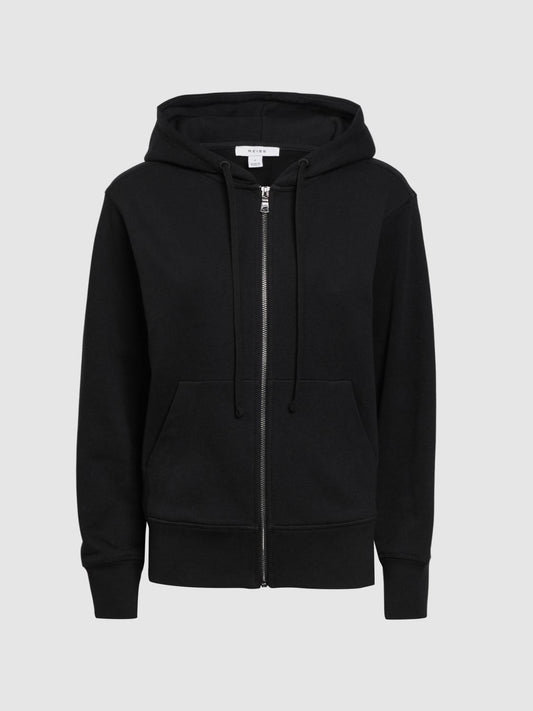 Reiss Tops | Frankie Zip Through Cotton Hoodie Black - Women