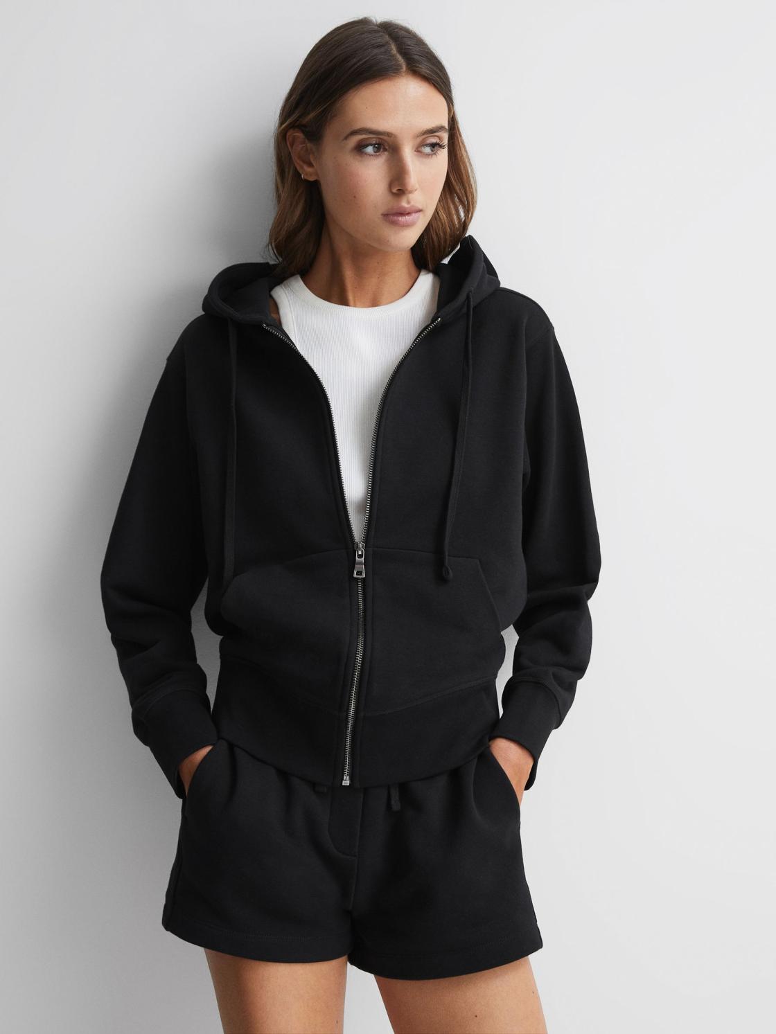 Reiss Tops | Frankie Zip Through Cotton Hoodie Black - Women