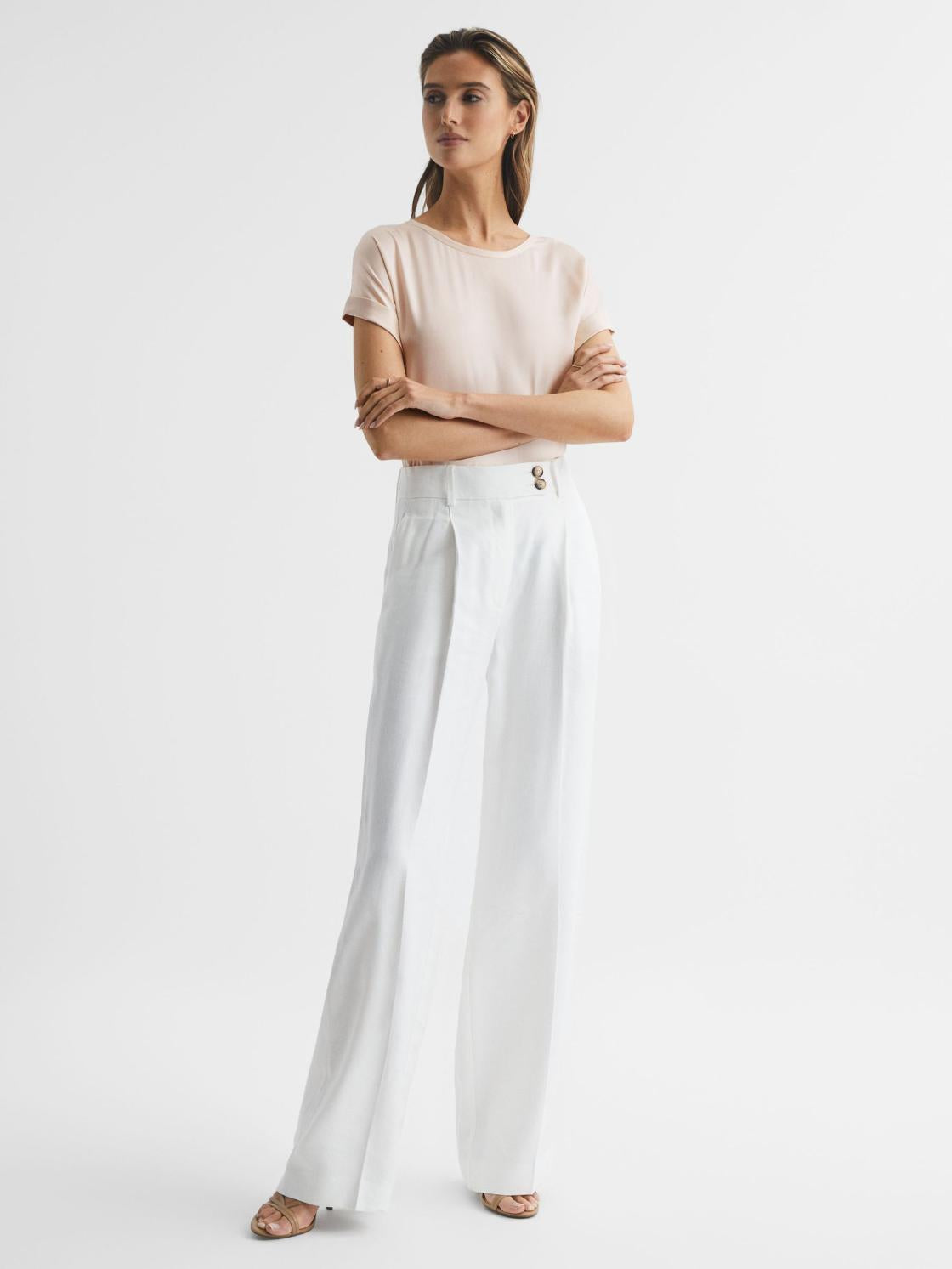 Reiss Tops | Helen Silk Front Crew Neck T-Shirt Nude - Women