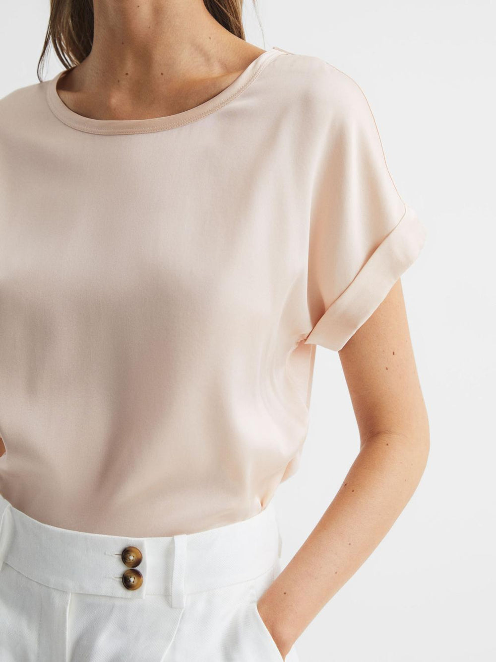 Reiss Tops | Helen Silk Front Crew Neck T-Shirt Nude - Women