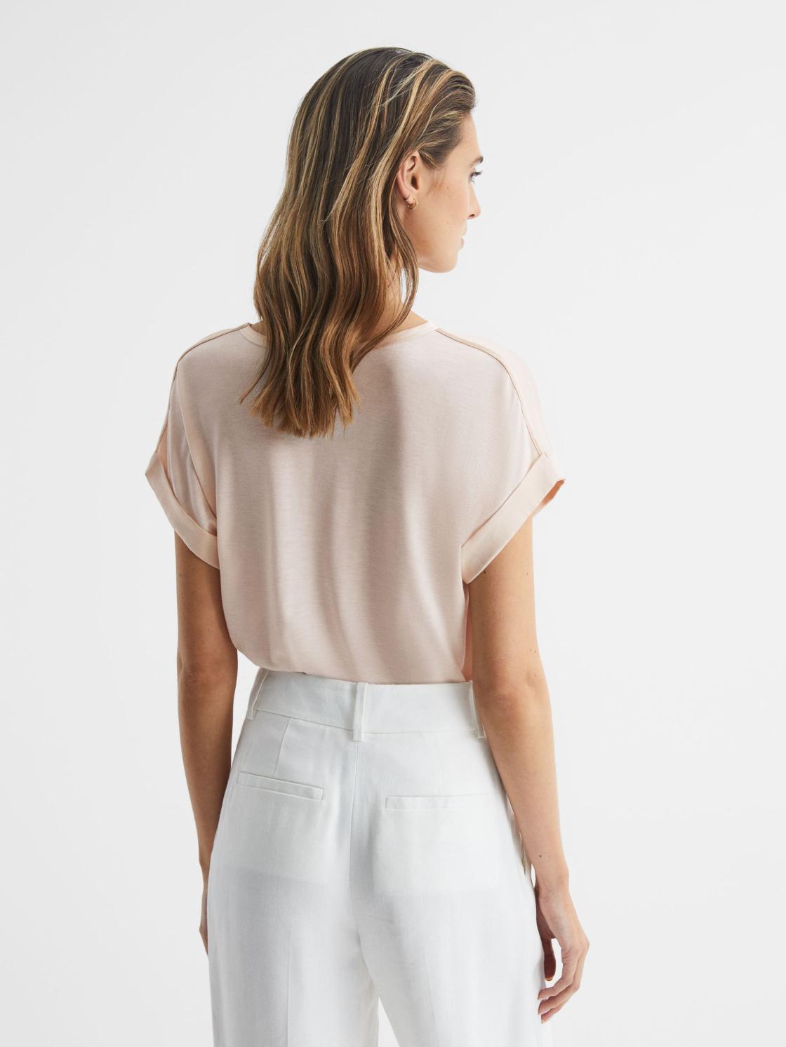 Reiss Tops | Helen Silk Front Crew Neck T-Shirt Nude - Women