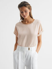 Reiss Tops | Helen Silk Front Crew Neck T-Shirt Nude - Women