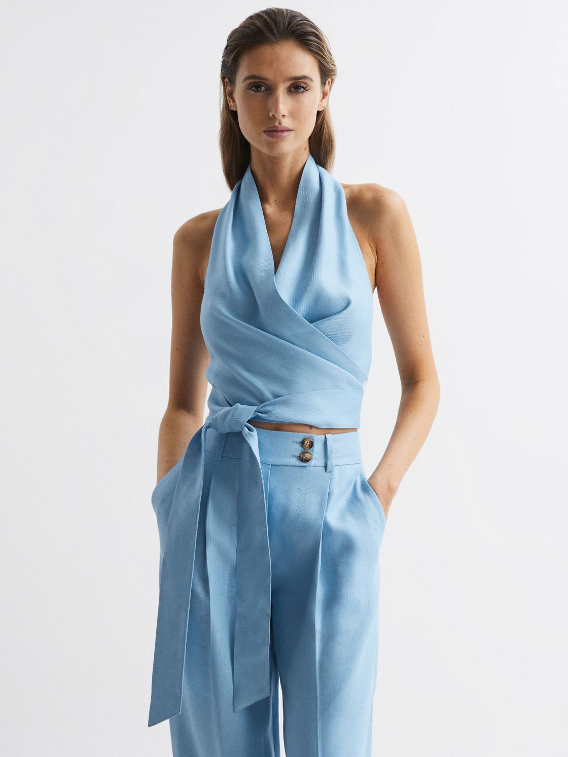 Reiss Tops | Hollie Halter Neck Linen Blend Crop Top Blue - Women