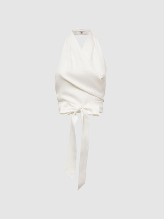 Reiss Tops | Hollie Halter Neck Linen Blend Crop Top White - Women