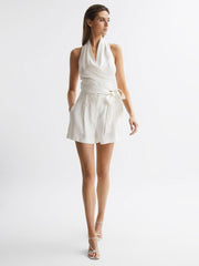 Reiss Tops | Hollie Halter Neck Linen Blend Crop Top White - Women