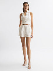 Reiss Tops | Hollie Halter Neck Linen Blend Crop Top White - Women