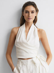 Reiss Tops | Hollie Halter Neck Linen Blend Crop Top White - Women