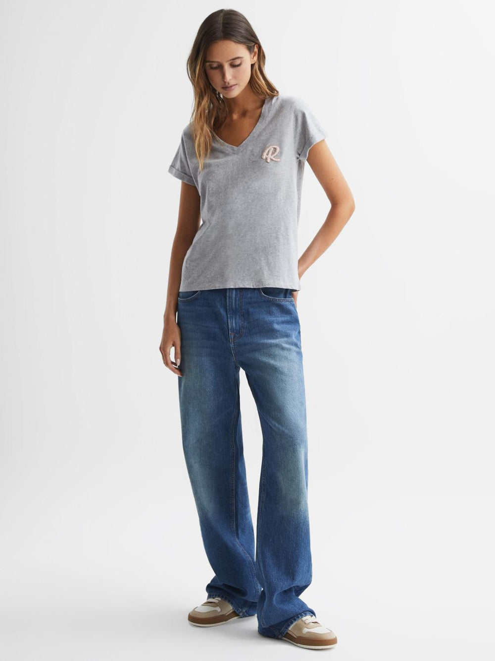 Reiss Tops | Lara Cotton Motif V-Neck T-Shirt Grey Marl - Women