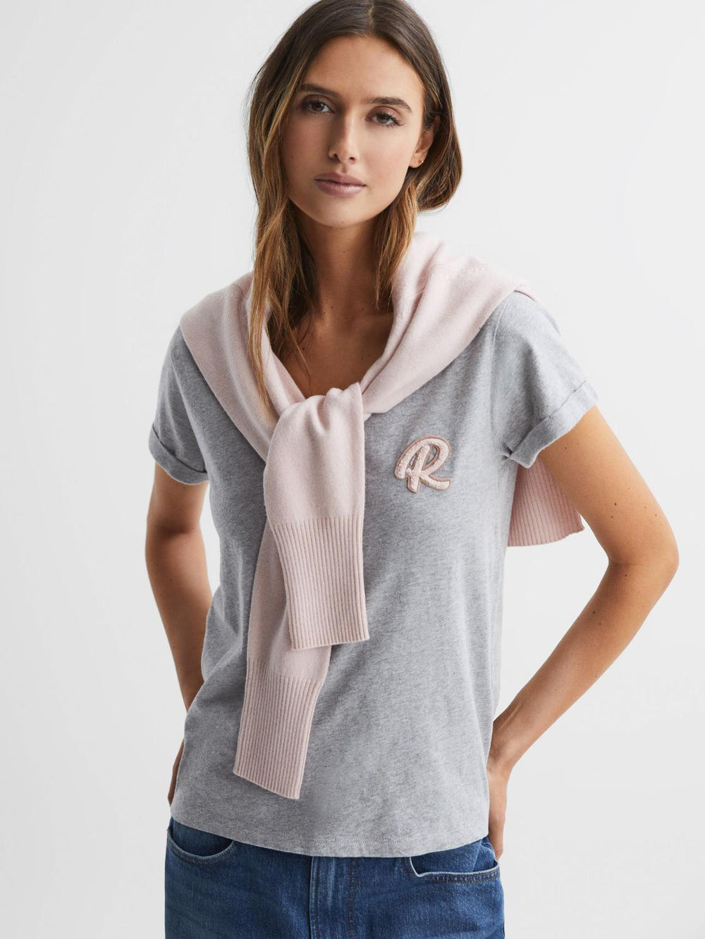 Reiss Tops | Lara Cotton Motif V-Neck T-Shirt Grey Marl - Women