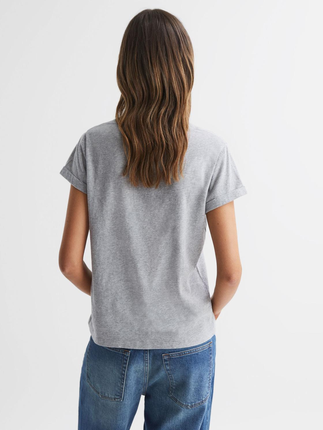 Reiss Tops | Lara Cotton Motif V-Neck T-Shirt Grey Marl - Women