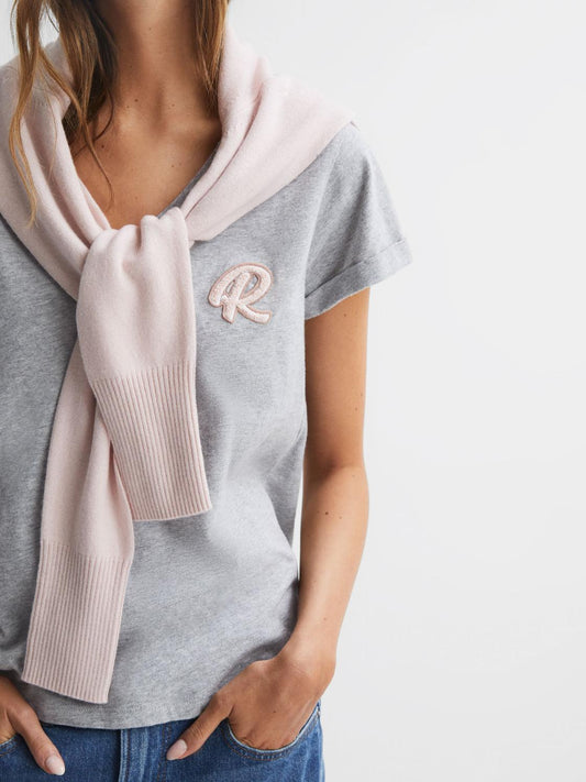 Reiss Tops | Lara Cotton Motif V-Neck T-Shirt Grey Marl - Women