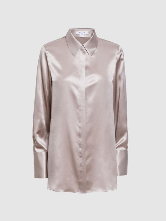 Reiss Tops | Lola Oversized Silk Button Through Shirt Champagne - Women