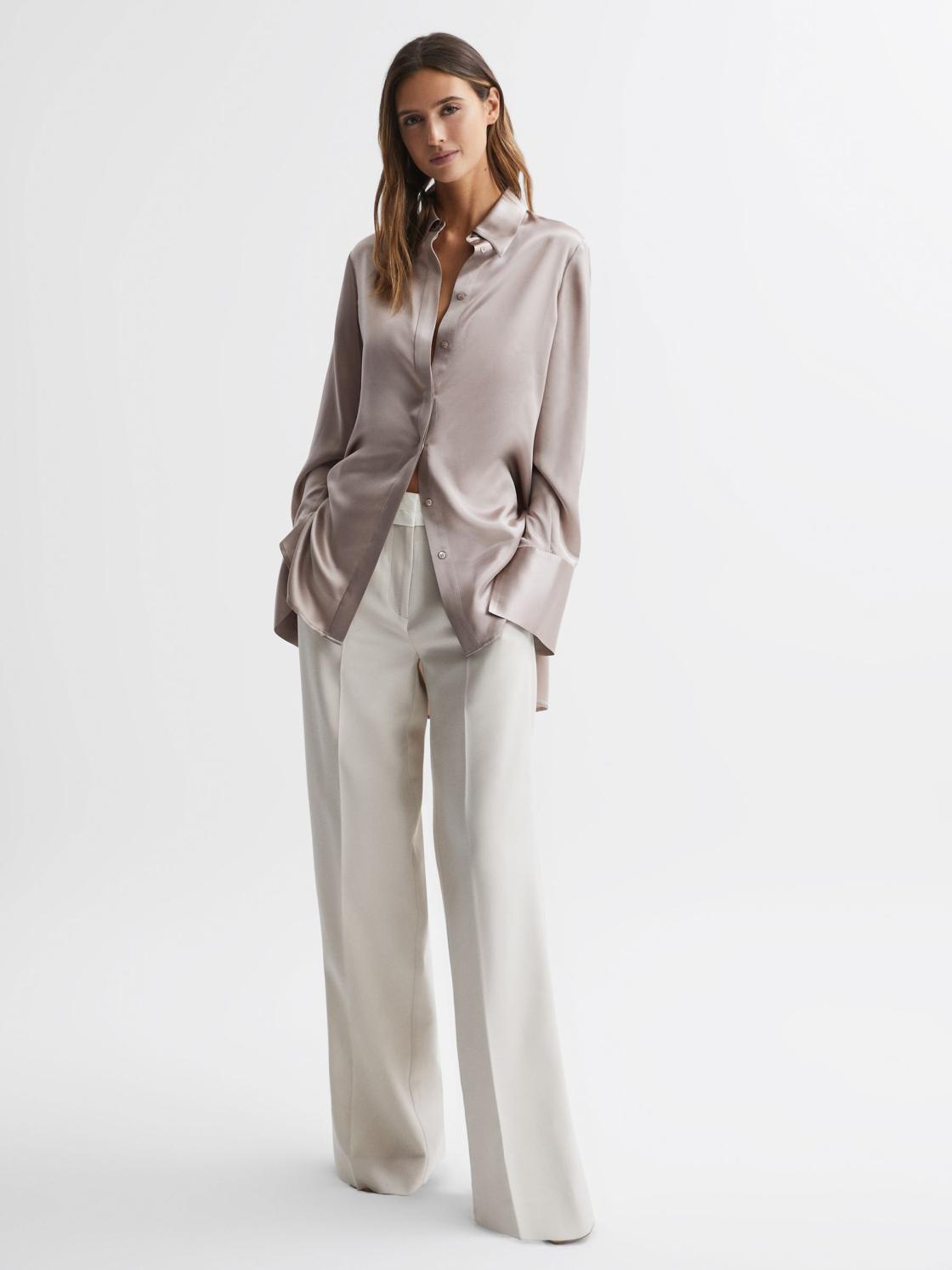 Reiss Tops | Lola Oversized Silk Button Through Shirt Champagne - Women
