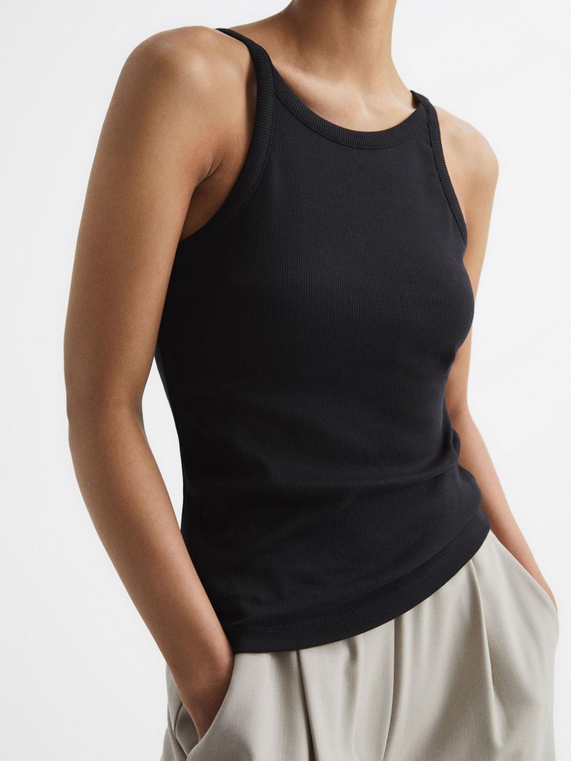 Reiss Tops | Louisa Crew Neck Ribbed Cami Vest Top Black - Women