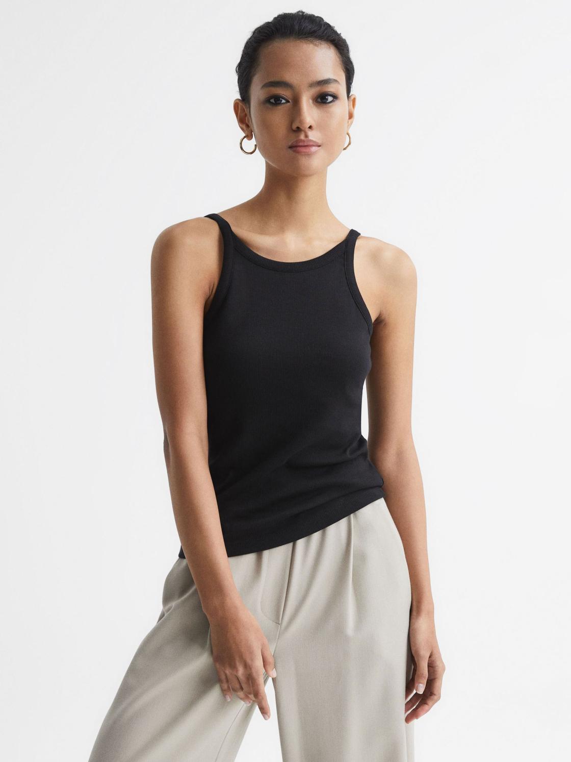 Reiss Tops | Louisa Crew Neck Ribbed Cami Vest Top Black - Women