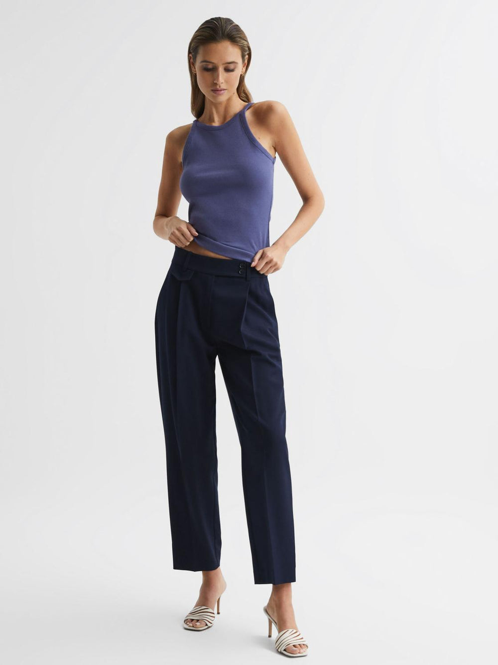 Reiss Tops | Louisa Crew Neck Ribbed Cami Vest Top Dusty Blue - Women