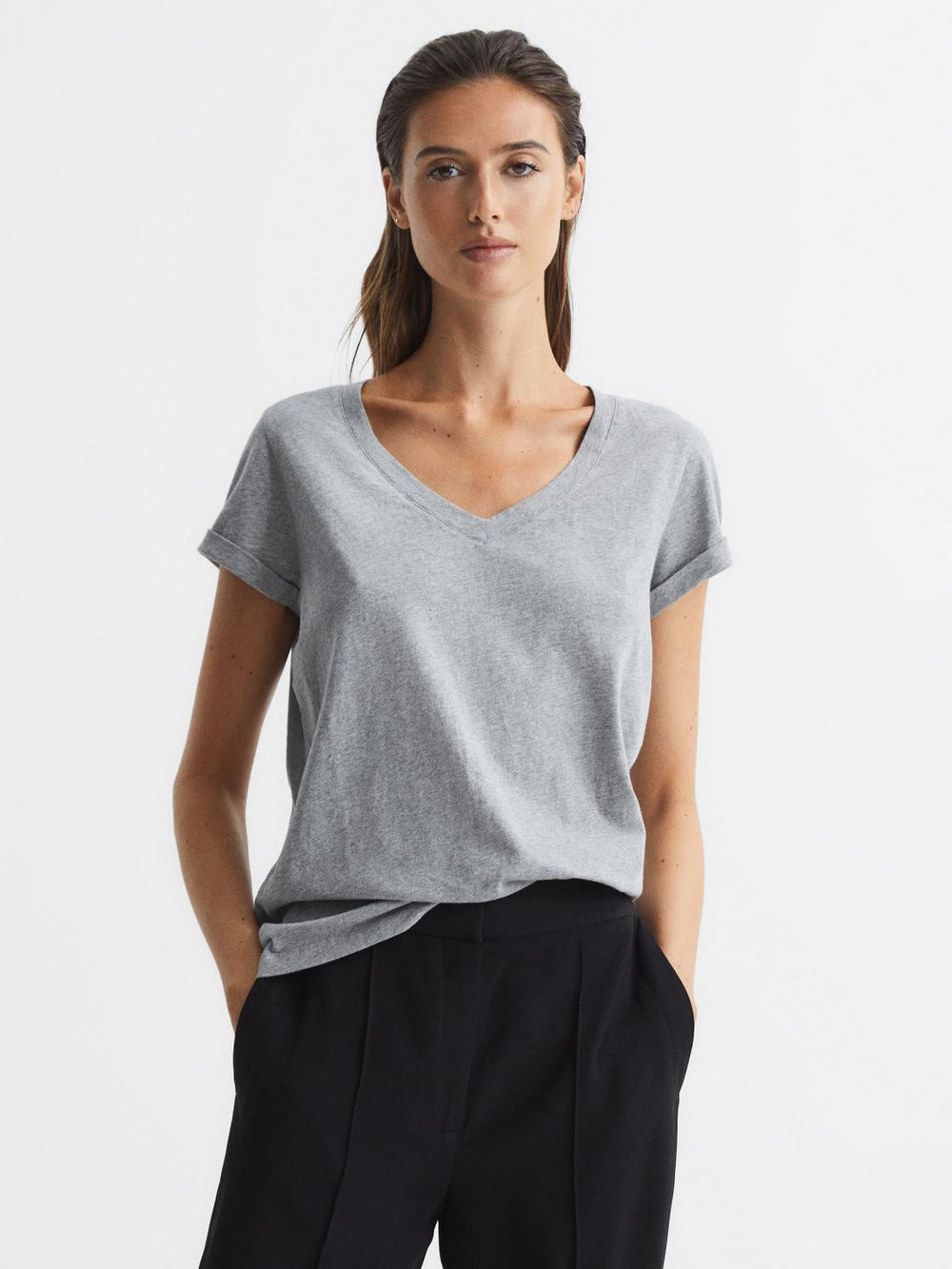 Reiss Tops | Luana Cotton Jersey V-Neck T-Shirt Black - Women