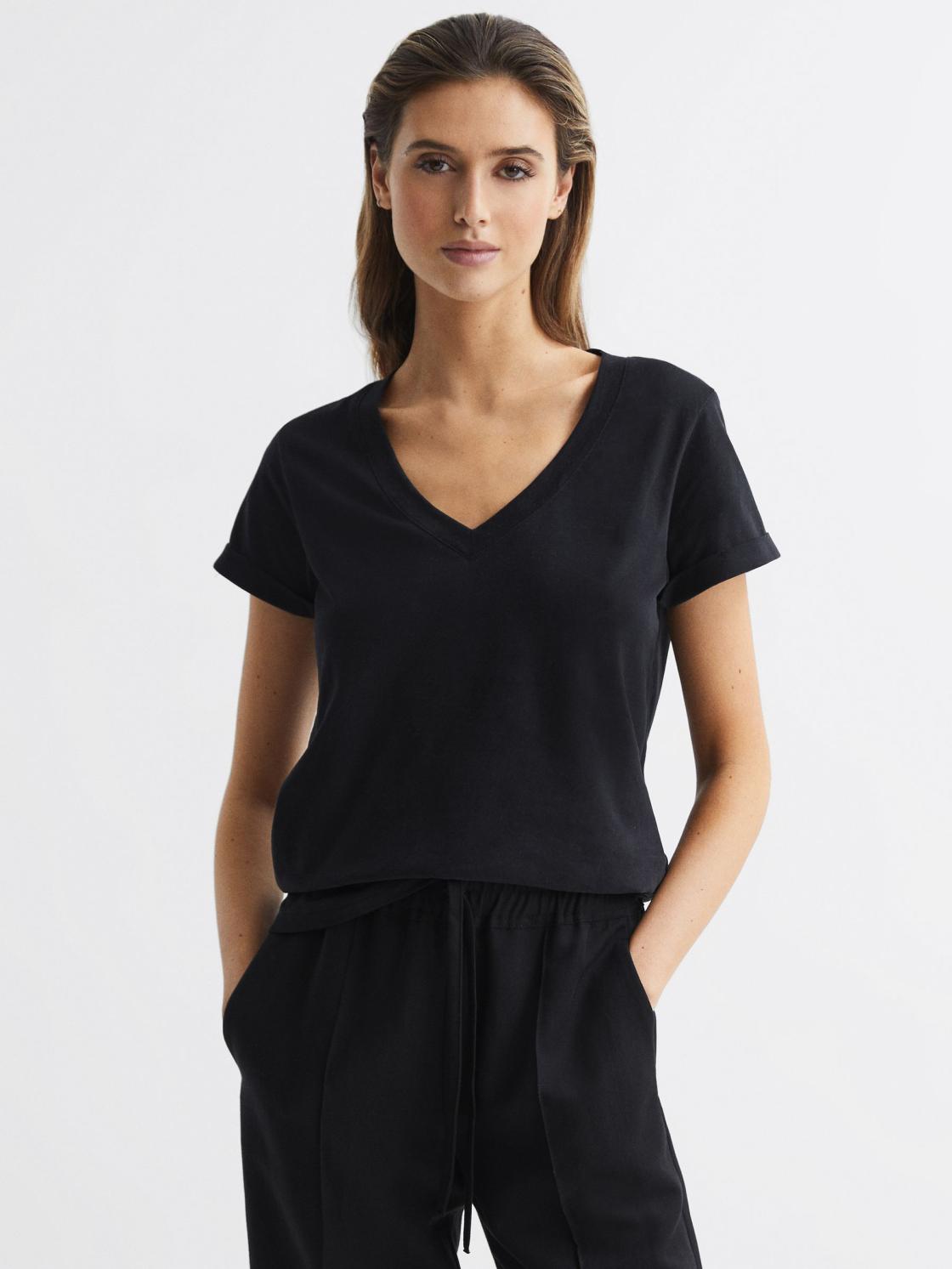 Reiss Tops | Luana Cotton Jersey V-Neck T-Shirt Black - Women