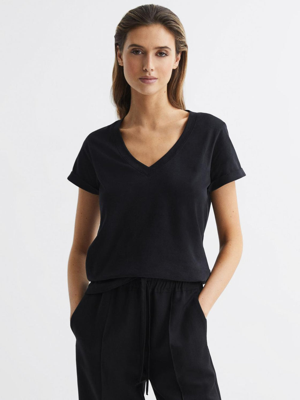 Reiss Tops | Luana Cotton Jersey V-Neck T-Shirt Black - Women