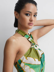 Reiss Tops | Luna Printed Halter Neck Crop Top Green - Women