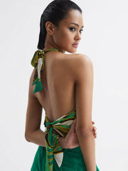 Reiss Tops | Luna Printed Halter Neck Crop Top Green - Women