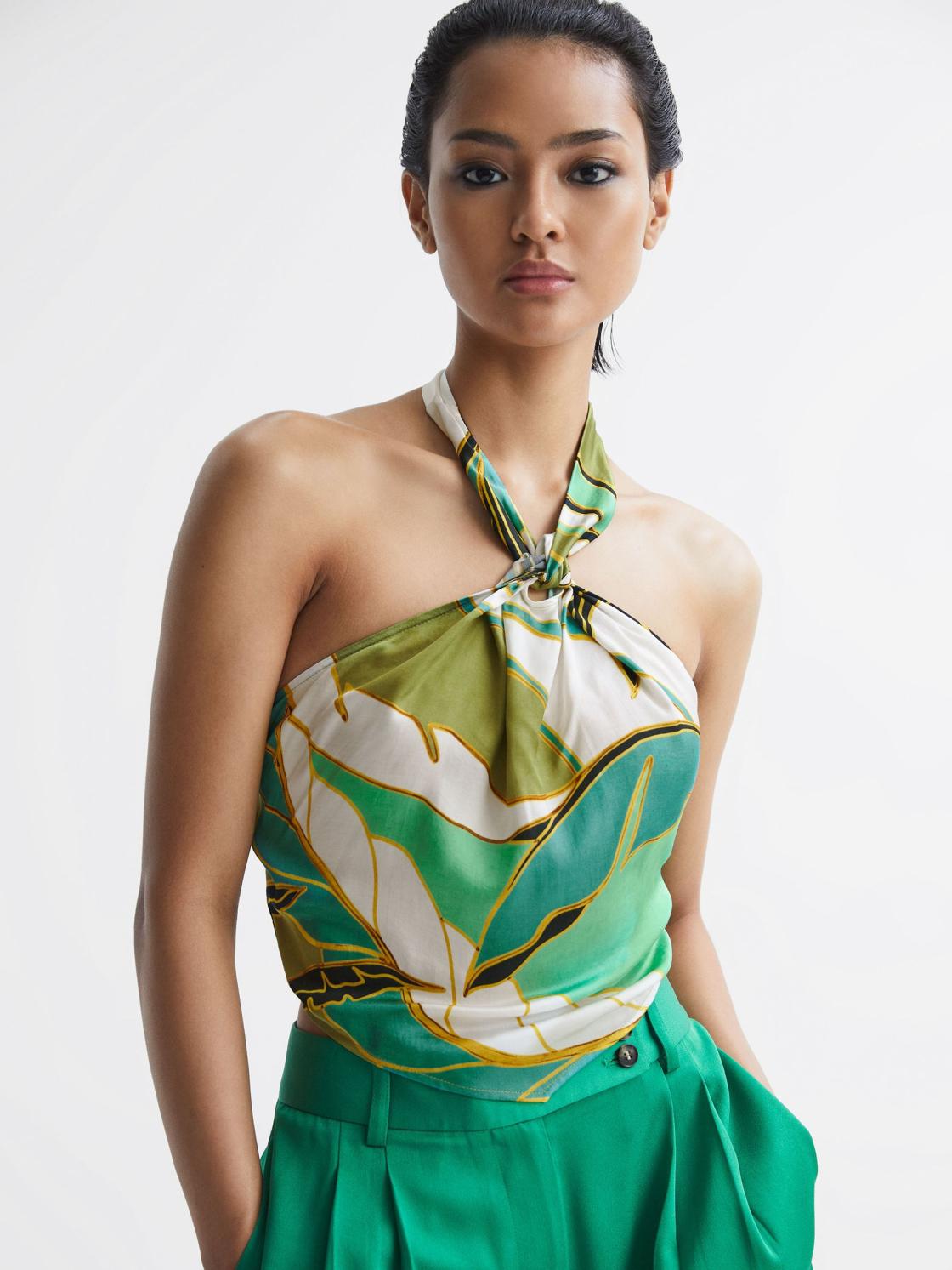 Reiss Tops | Luna Printed Halter Neck Crop Top Green - Women