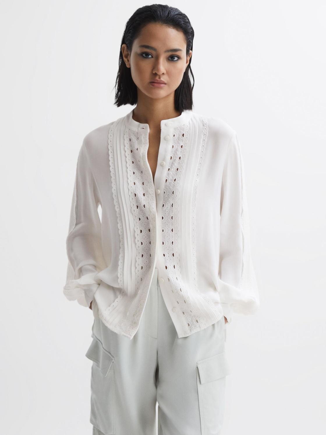 Reiss Tops | Maisie Collarless Long Sleeve Lace Blouse Cream - Women