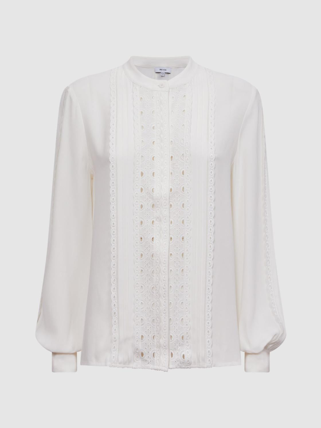 Reiss Tops | Maisie Collarless Long Sleeve Lace Blouse Cream - Women