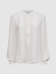 Reiss Tops | Maisie Collarless Long Sleeve Lace Blouse Cream - Women