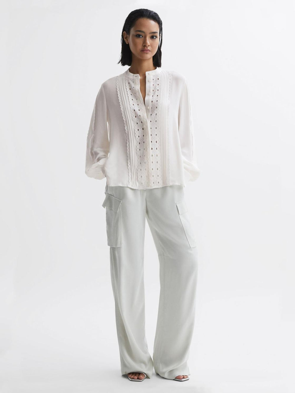 Reiss Tops | Maisie Collarless Long Sleeve Lace Blouse Cream - Women