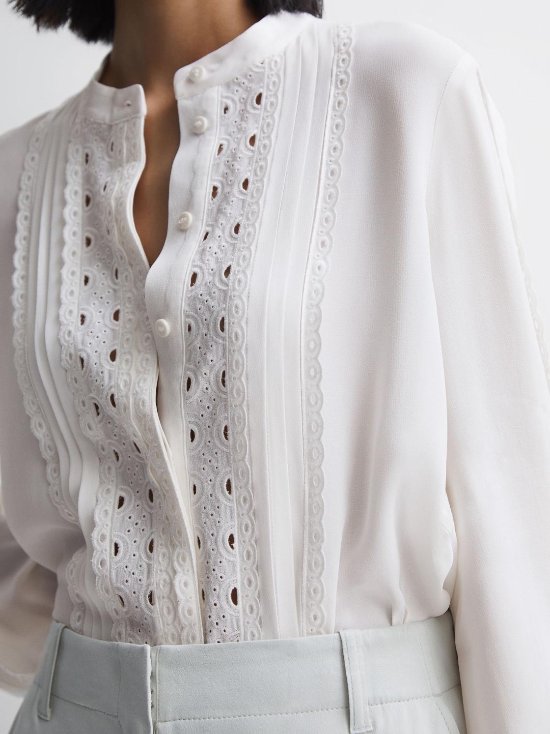 Reiss Tops | Maisie Collarless Long Sleeve Lace Blouse Cream - Women