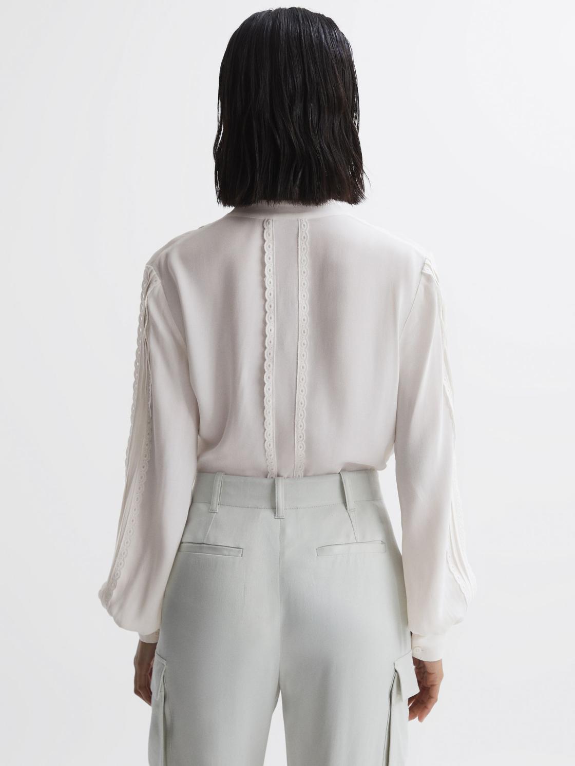 Reiss Tops | Maisie Collarless Long Sleeve Lace Blouse Cream - Women