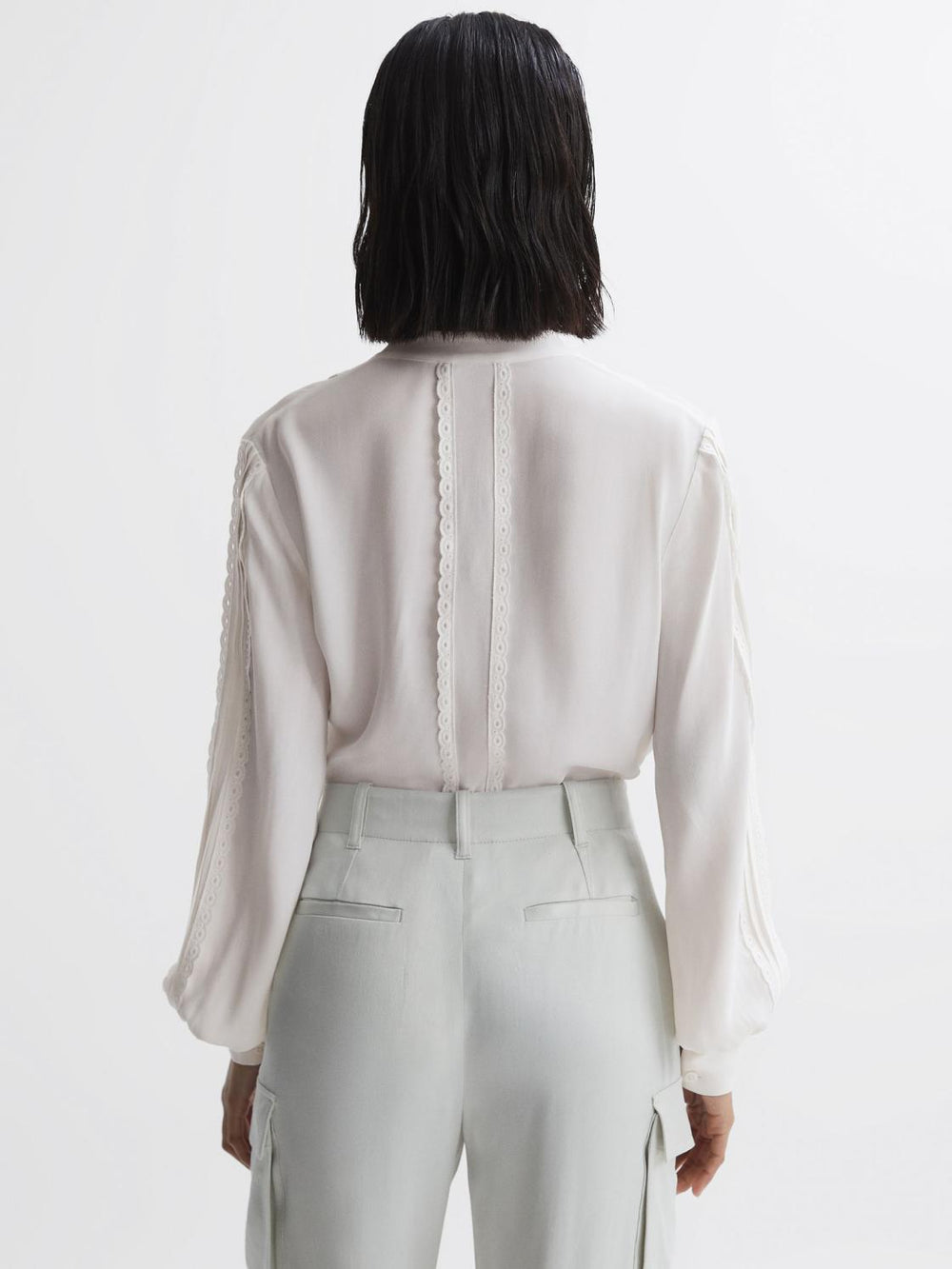 Reiss Tops | Maisie Collarless Long Sleeve Lace Blouse Cream - Women