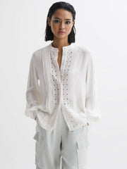 Reiss Tops | Maisie Collarless Long Sleeve Lace Blouse Cream - Women