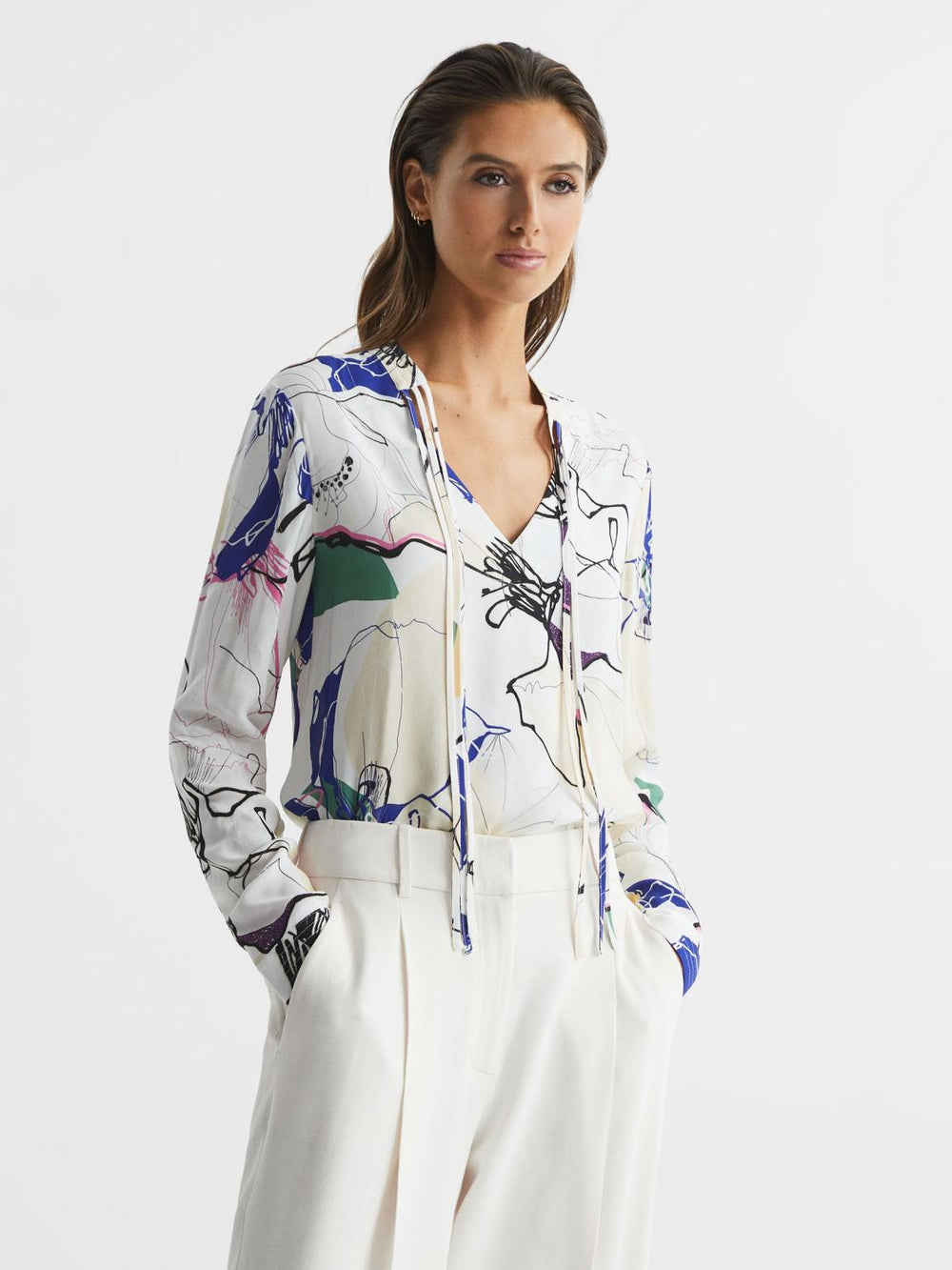 Reiss Tops | Mel V-Neck Printed Blouse Ivory - Women