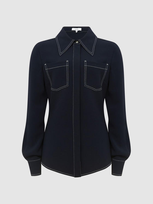 Reiss Tops | Natalia Stitch Detail Fitted Shirt Navy - Women