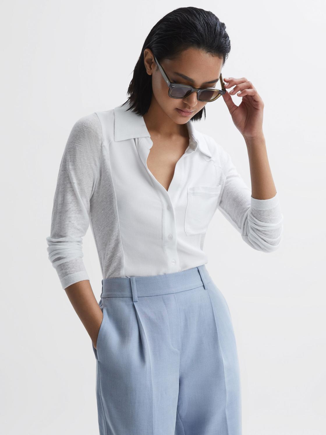Reiss Tops | Phillipa Linen Sheer Button Through Shirt White - Women