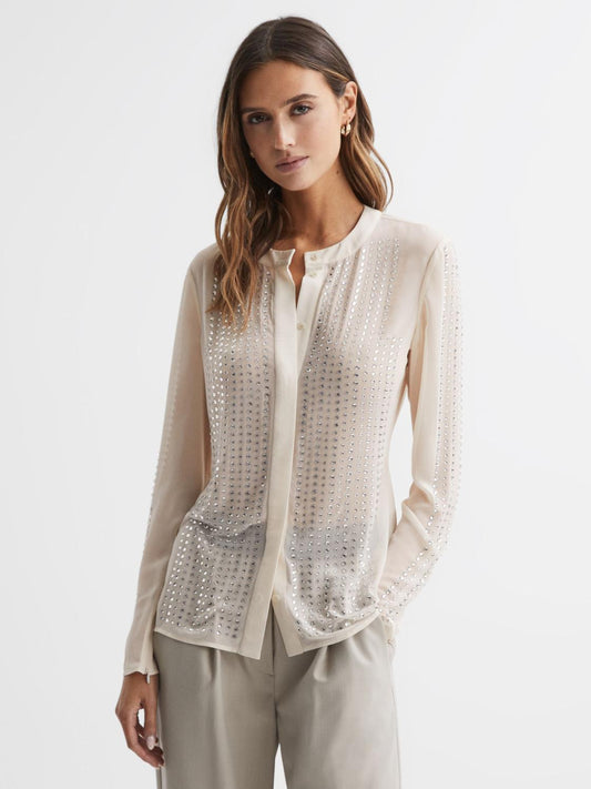 Reiss Tops | Robyn Fitted Embellished Shirt Cream - Women