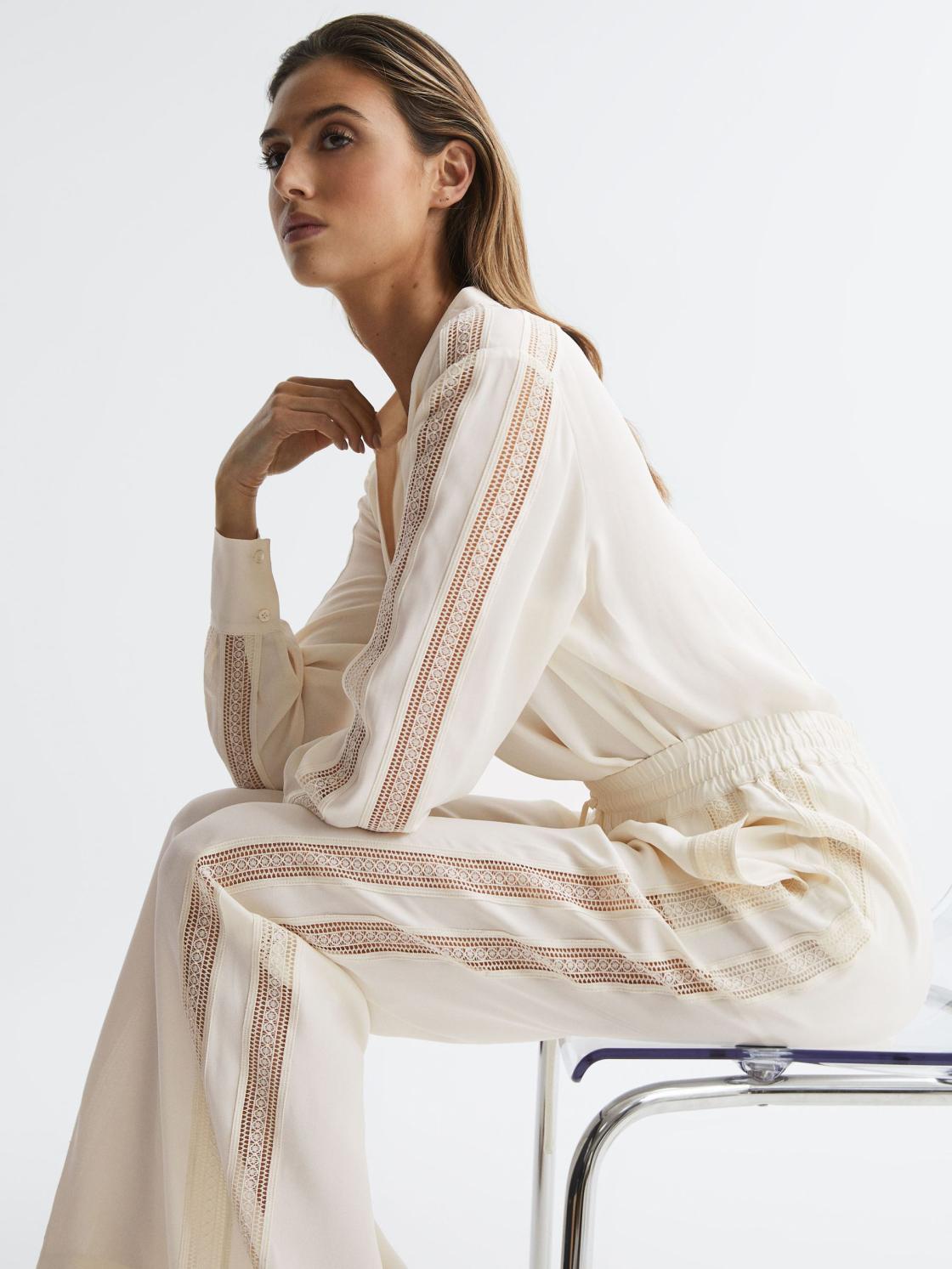 Reiss Tops | Rowan Lace V-Neck Blouse Cream - Women