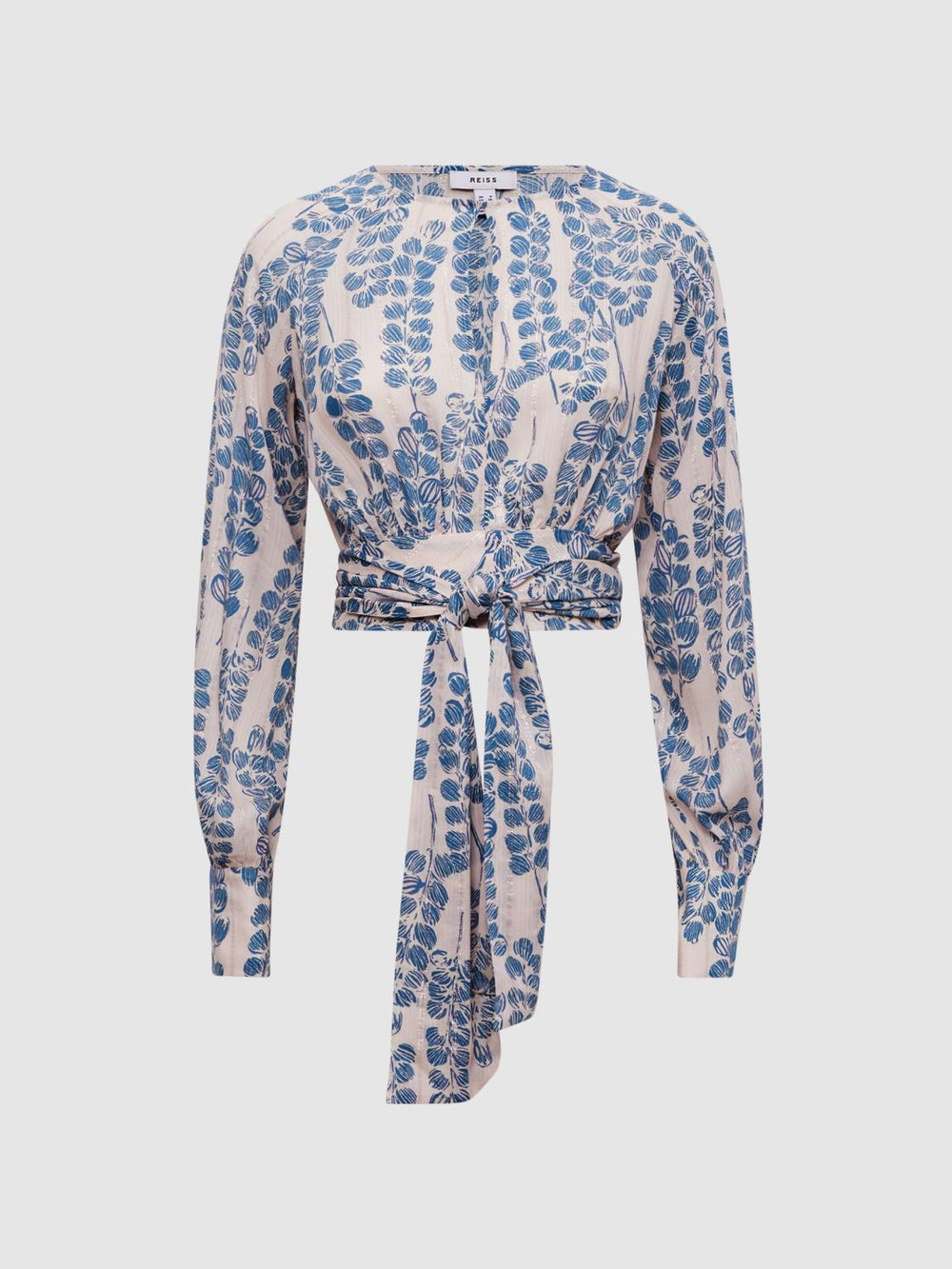 Reiss Tops | Sadie Cropped Printed Belted Blouse Pink/blue - Women