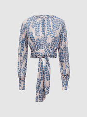 Reiss Tops | Sadie Cropped Printed Belted Blouse Pink/blue - Women